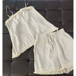 CBR Boho Linen Blend Fringe Camisole and Shorts Set Oatmeal Beige Size M